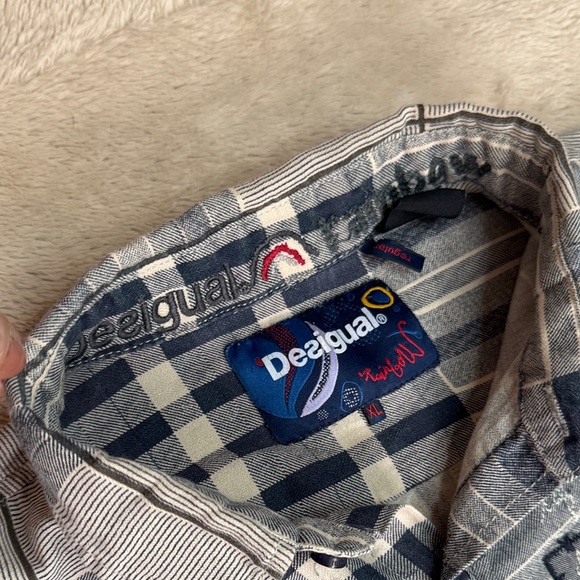 Desigual Rainbow Grey Plaid Patchwork Button-Down Shirt Graffiti Accents sz XL - Picture 12 of 13